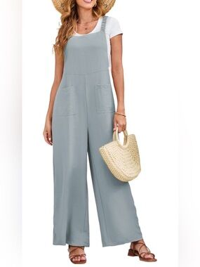 Light Blue Wide-Leg Linen-Blend Jumpsuit with Pockets